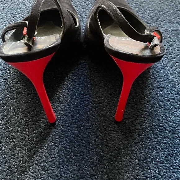 Stuart Weitzman Black Suede Pointed Slingback Heels with Red Buckle Accent - Picture 3 of 8